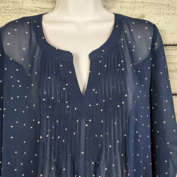 Daniel Rainn Navy Blue Polka Dot Sheer Tunic Top M Long Sleeve Lined - Picture 2 of 8